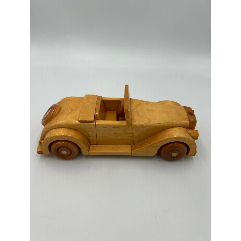 Vintage Handcrafted Wooden Convertible Roadster Model Car Natural Finish Toy